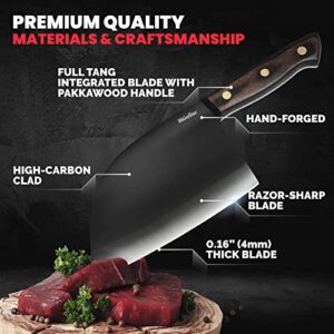 Mueller UltraForged Professional Meat Cleaver Knife 7" Handmade High-Carbon Clad Steel Serbian Chef Knife with Leather Sheath, Full Tang Pakkawood Handle, Multi-functional for Kitchen, Camping, BBQ