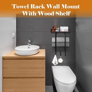 Klapber Towel Rack for Bathroom Hand Towel Holder Wall Mounted, Bath Towel Racks with Towel Hooks, Bathroom Towel Storage with Wooden Shelve for Rolled Towel Storage Bathroom Organizer Decor