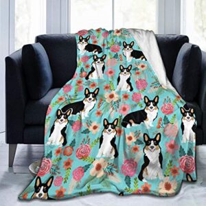 Corgi Cute Black and Tan Welsh Cardigan Corgi with Florals Flowers Super Soft Microfiber Fleece Throw Blanket Warm for Couch Bed Chair