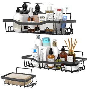 woseito 3-pack shower caddy, adhesives bathroom organizers with soap dish holder， no drilling shower shelf, stainless steel shower rack with hooks, mounted for bathroom & toilet table (matte black)