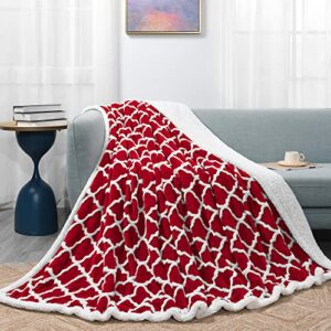 basic beyond fleece sherpa throw blanket - soft cozy red throw blanket with 3d jacquard design for couch,bed,travel,camping,red,50"x60"