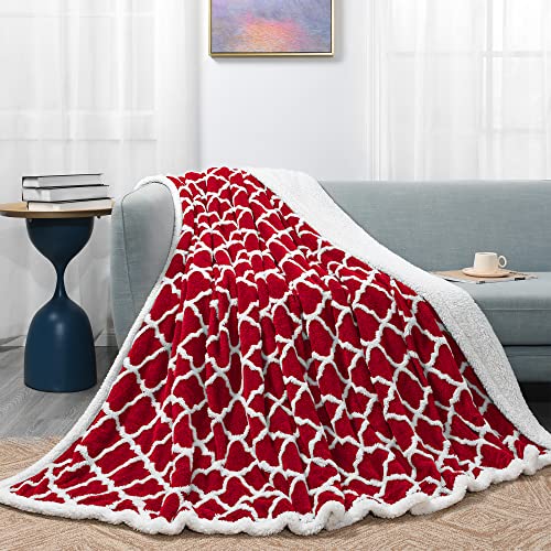 Basic Beyond Fleece Sherpa Throw Blanket - Soft Cozy Red Throw Blanket with 3D Jacquard Design for Couch,Bed,Travel,Camping,Red,50"x60"