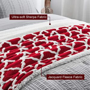 Basic Beyond Fleece Sherpa Throw Blanket - Soft Cozy Red Throw Blanket with 3D Jacquard Design for Couch,Bed,Travel,Camping,Red,50"x60"