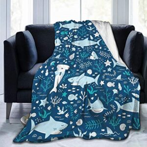 msguide cartoon blue sharks with sealifethrow soft flannel fleece throw blanket，lightweight warm microfiber plush couch sofa bed blanket for adults kids(50"x40")