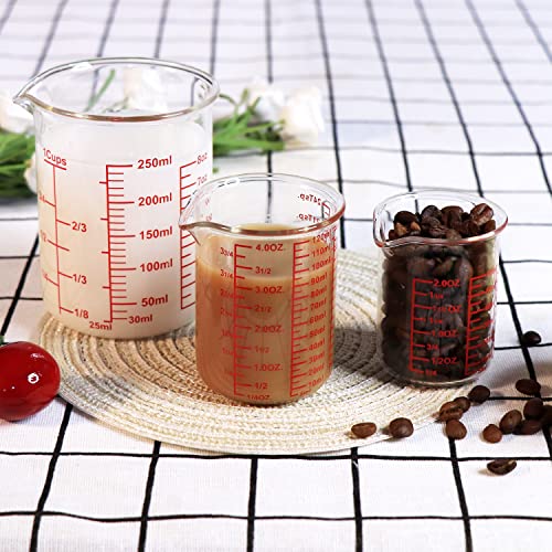 High Borosilicate Glass Measuring Cup Set-V-Shaped Spout，Includes 60ml(2OZ), 120ml(4OZ), and 250ml(8OZ) Glass Measuring Beaker for Kitchen or Restaurant, Easy to Read