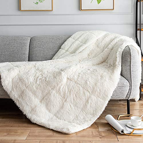 immtree Sherpa Weighted Blanket 20lbs for Adult, Fluffy Long Faux Fur Cozy Shaggy Plush Dual Sided Luxury Fuzzy Heavy Hug Blanket, Soft Bedding Blanket for Bed Sofa Couch 60 x 80 Inches, Cream White