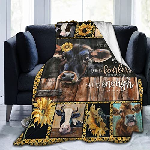 Sunflower Cow Print Blanket Super Soft Plush Throw Blanket Warm Sofa Couch Travel Bedding Blankets Comfy Bedspread Home Decor Blanket 60"X50"