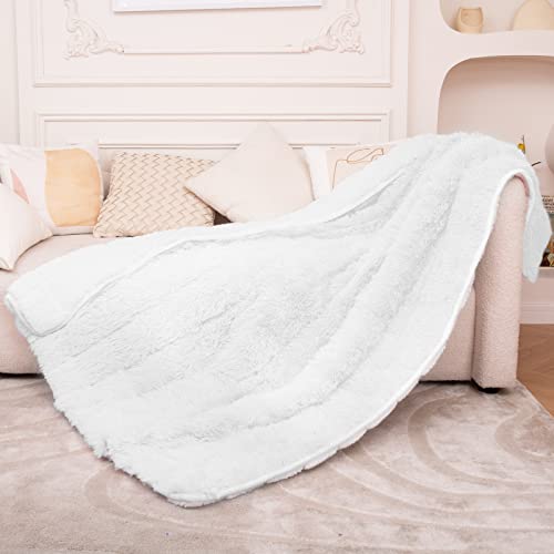 Yescool Faux Fur Weighted Blanket 60"x80" 20lbs,Fuzzy Cozy Shaggy Weighted Blanket Queen Size for Adult，Fluffy Sherpa Comfy Heavy Blanket for Women Men,Warm Soft Plush White Blanket for Couch Sofa Bed