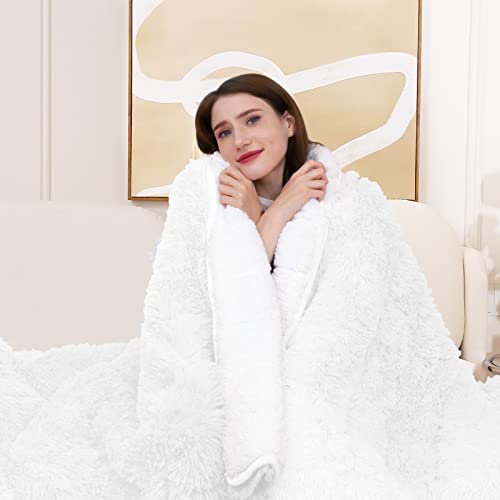 Yescool Faux Fur Weighted Blanket 60"x80" 20lbs,Fuzzy Cozy Shaggy Weighted Blanket Queen Size for Adult，Fluffy Sherpa Comfy Heavy Blanket for Women Men,Warm Soft Plush White Blanket for Couch Sofa Bed