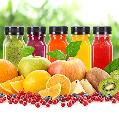 BAKHUK 36pcs 4oz Mini Plastic Juice Bottles with Caps, Empty Reusable Clear Bulk Beverage Containers for Juice, Milk and Other Beverages