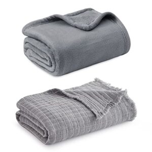 bedsure fleece blankets grey king & bedsure 100% cotton muslin blankets grey throw