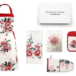 Perfect Present For Mothers, Ideal Mothers Kitchen Linen Set. Set Include Greeting Card, Bib Apron, Oven Mitt, Pot Holder, Kitchen Towel. Beautiful Flower Design, 100 Percent Cotton.