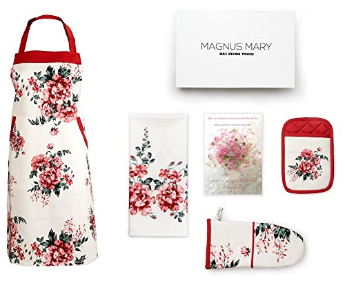 Perfect Present For Mothers, Ideal Mothers Kitchen Linen Set. Set Include Greeting Card, Bib Apron, Oven Mitt, Pot Holder, Kitchen Towel. Beautiful Flower Design, 100 Percent Cotton.