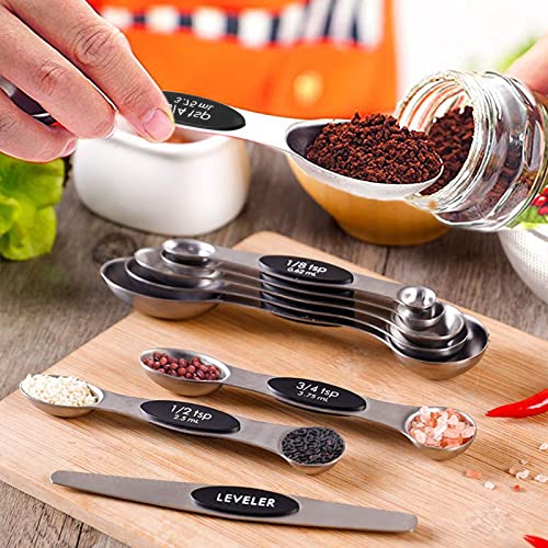 [9 Pack] Magnetic Measuring Spoons Set Dual Sided Measuring Scoop with Leveler Stainless Steel Measuring Spoons Kitchen Utensils Gadgets for Dry or Liquid Food