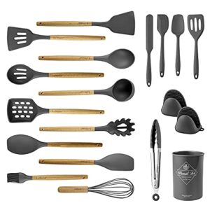 lemuna 18pcs silicone kitchen utensils set, kitchen cooking utensils set with holder, wooden handle silicone utensils set, heat resistant, bpa free, non toxic, gray