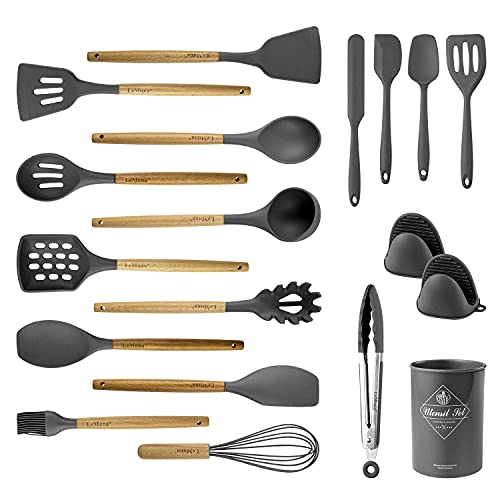 LeMuna 18pcs Silicone Kitchen Utensils Set, Kitchen Cooking Utensils Set with Holder, Wooden Handle Silicone Utensils Set, Heat Resistant, BPA Free, Non Toxic, Gray