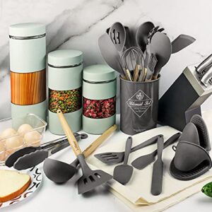 LeMuna 18pcs Silicone Kitchen Utensils Set, Kitchen Cooking Utensils Set with Holder, Wooden Handle Silicone Utensils Set, Heat Resistant, BPA Free, Non Toxic, Gray