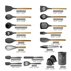 LeMuna 18pcs Silicone Kitchen Utensils Set, Kitchen Cooking Utensils Set with Holder, Wooden Handle Silicone Utensils Set, Heat Resistant, BPA Free, Non Toxic, Gray