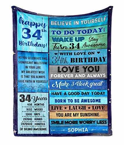 PREZZY 34th Birthday Gifts for Men Throw Blanket Turning 34 Year Old Birthday Decorations Personalized Blankets Vintage Born in 1989 Cozy Soft Fleece Sherpa Blanket Birthday Anniversary Ideas Gift