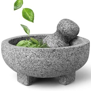 alpine cuisine mortar and pestle molcajete set - 8 inch granite - unpolished granite, spice grinder bowl for salsa, herb crusher, grind and crush spices