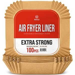 wavelu air fryer disposable parchment paper liners | extra strong | 100pcs | food grade non-stick unbleached liners | oil & waterproof sheets for air frying, baking & microwave (square 6.3 in (3-5qt))