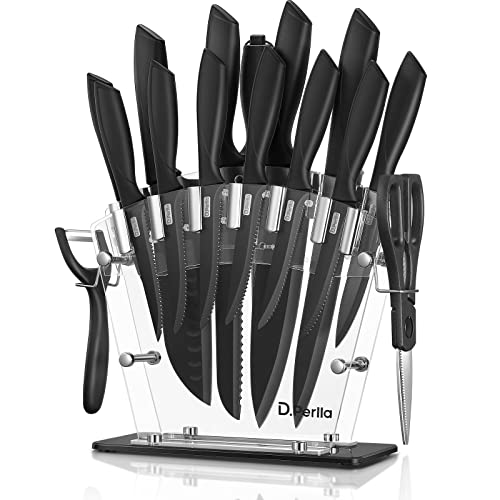 Knife Set, D.Perlla 16 Pieces Black Kitchen Knife Set with Acrylic Stand, High Carbon Stainless Steel, BO Oxidation Knife Block Set, No Rust, Non Slip Handle, Sharp Knife