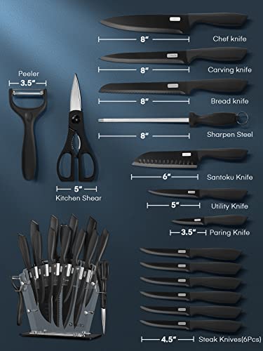 Knife Set, D.Perlla 16 Pieces Black Kitchen Knife Set with Acrylic Stand, High Carbon Stainless Steel, BO Oxidation Knife Block Set, No Rust, Non Slip Handle, Sharp Knife