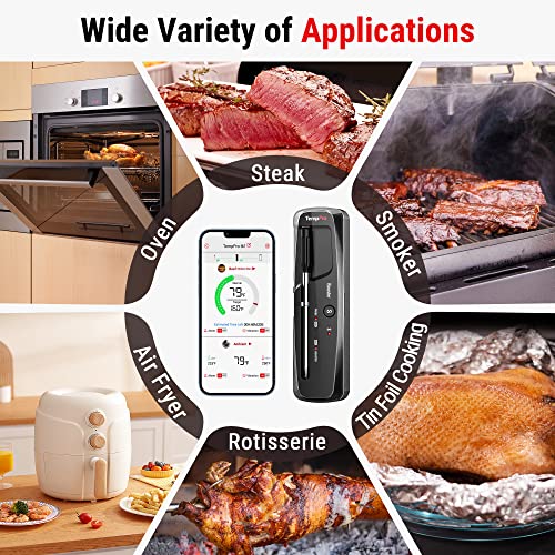 TempPro 500FT Wireless Meat Thermometer for Grilling and Smoking, Bluetooth Meat Thermometer Wireless with Dual Temperature Alert, Digital Food Cooking BBQ Thermometer for Smoker, Oven & Rotisserie