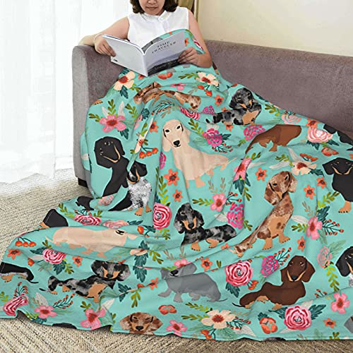 WOWUSUO Dachshund Dog Blanket Rose Flower Throw Bed Blankets Cozy Lightweight Soft Bedding for Sofa and Bed Office Travel 80x60 inches, 80x60