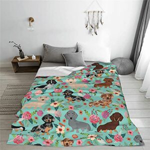 WOWUSUO Dachshund Dog Blanket Rose Flower Throw Bed Blankets Cozy Lightweight Soft Bedding for Sofa and Bed Office Travel 80x60 inches, 80x60