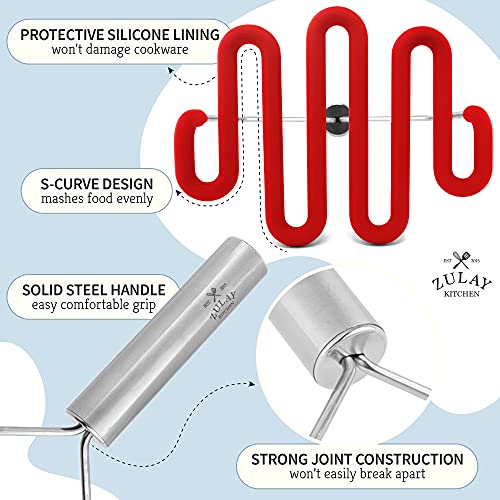 Zulay Kitchen Non-Scratch Potato Masher Kitchen Tool - Durable Stainless Steel Wrapped in Premium Silicone Mashed Potatoes Masher - Versatile Masher Hand Tool & Potato Smasher (Red)