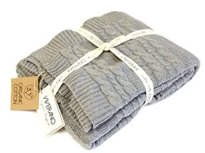100% organic cotton throw cable knit blanket (50x70in) super soft warm luxurious pure all-season eco-friendly (grey)
