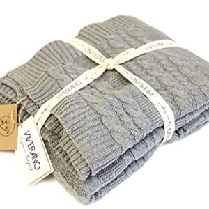 100% Organic Cotton Throw Cable Knit Blanket (50x70in) Super Soft Warm Luxurious Pure All-Season Eco-Friendly (Grey)