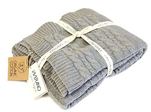 100% Organic Cotton Throw Cable Knit Blanket (50x70in) Super Soft Warm Luxurious Pure All-Season Eco-Friendly (Grey)