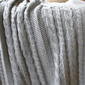 100% Organic Cotton Throw Cable Knit Blanket (50x70in) Super Soft Warm Luxurious Pure All-Season Eco-Friendly (Grey)