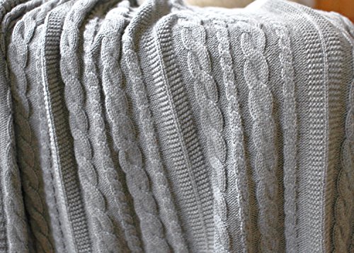 100% Organic Cotton Throw Cable Knit Blanket (50x70in) Super Soft Warm Luxurious Pure All-Season Eco-Friendly (Grey)