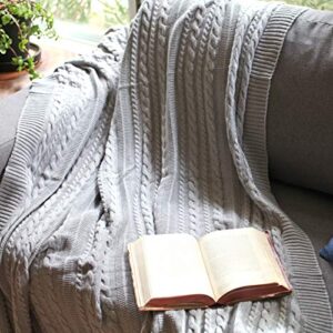 100% Organic Cotton Throw Cable Knit Blanket (50x70in) Super Soft Warm Luxurious Pure All-Season Eco-Friendly (Grey)