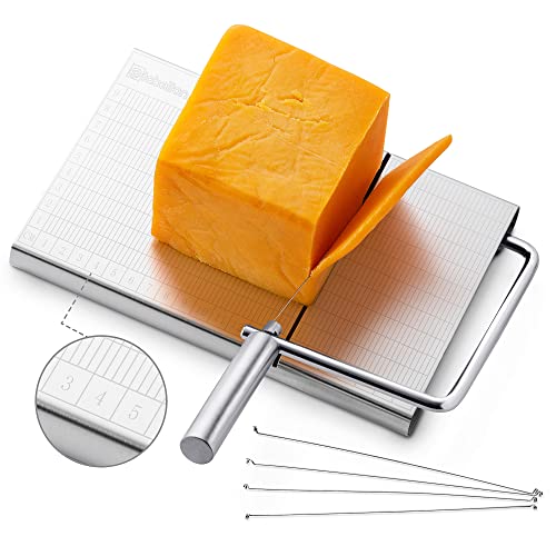 TABELTON Cheese Slicer with Wire for Block Cheese - Adjustable Cheese Cutter Board with 4 Replacement Wires - Stainless Steel Precise Scale for Clear Cuts