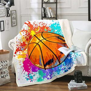 watercolor tie-dye throw blanket cartoon basketball print fleece blanket youthful bed blanket for couch or bed sports gaming blanket soft warm lightweight for kids adults women gift(throw 50"x60")