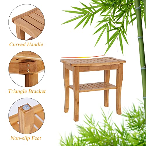 Kinfant Bathroom Bamboo Shower Bench - Spa Bath Shower Stool with Storage Shelf, Wooden Seat for Inside Shower (Style 2)