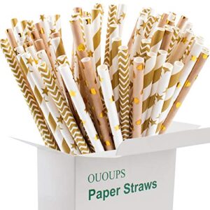paper straws 100-pack gold biodegradable, 7.75 inches, foil striped, wave,heart, gold, bulk, stars paper straws ououps…
