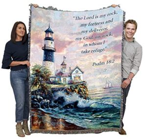 pure country weavers lighthouse blanket by carl valente - the lord is my rock and my fortress - scriptures -psalm 18:2 - religious gift tapestry throw woven from cotton - made in the usa (72x54)