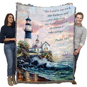 Pure Country Weavers Lighthouse Blanket by Carl Valente - The Lord is My Rock and My Fortress - Scriptures -Psalm 18:2 - Religious Gift Tapestry Throw Woven from Cotton - Made in The USA (72x54)