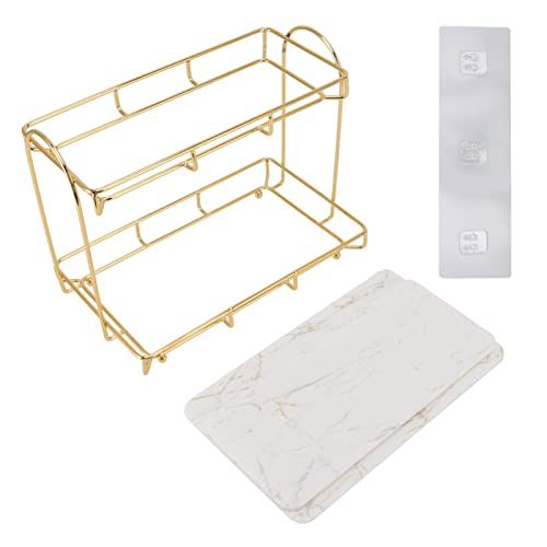 2 Tier Makeup Shelf Organizer, Bathroom Organizer Countertop Perfume Organizer Makeup Organizer Cosmetics Storage Display Rack Marble Print Ceramic Tray (Gold White)(S)