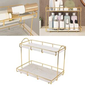 2 Tier Makeup Shelf Organizer, Bathroom Organizer Countertop Perfume Organizer Makeup Organizer Cosmetics Storage Display Rack Marble Print Ceramic Tray (Gold White)(S)