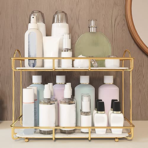 2 Tier Makeup Shelf Organizer, Bathroom Organizer Countertop Perfume Organizer Makeup Organizer Cosmetics Storage Display Rack Marble Print Ceramic Tray (Gold White)(S)