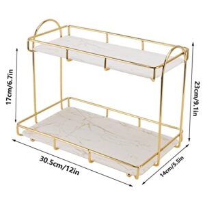 2 Tier Makeup Shelf Organizer, Bathroom Organizer Countertop Perfume Organizer Makeup Organizer Cosmetics Storage Display Rack Marble Print Ceramic Tray (Gold White)(S)