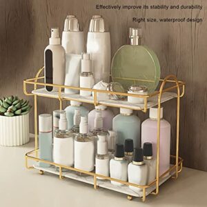 2 Tier Makeup Shelf Organizer, Bathroom Organizer Countertop Perfume Organizer Makeup Organizer Cosmetics Storage Display Rack Marble Print Ceramic Tray (Gold White)(S)