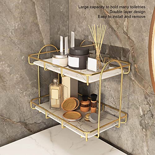 2 Tier Makeup Shelf Organizer, Bathroom Organizer Countertop Perfume Organizer Makeup Organizer Cosmetics Storage Display Rack Marble Print Ceramic Tray (Gold White)(S)