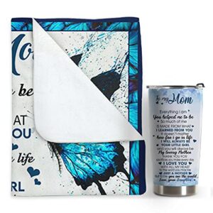 pavo mom gifts set blanket and tumbler for mom from daughter, blue butterfly 50" x 60" fleece blanket and 20oz stainless steel tumbler bundle